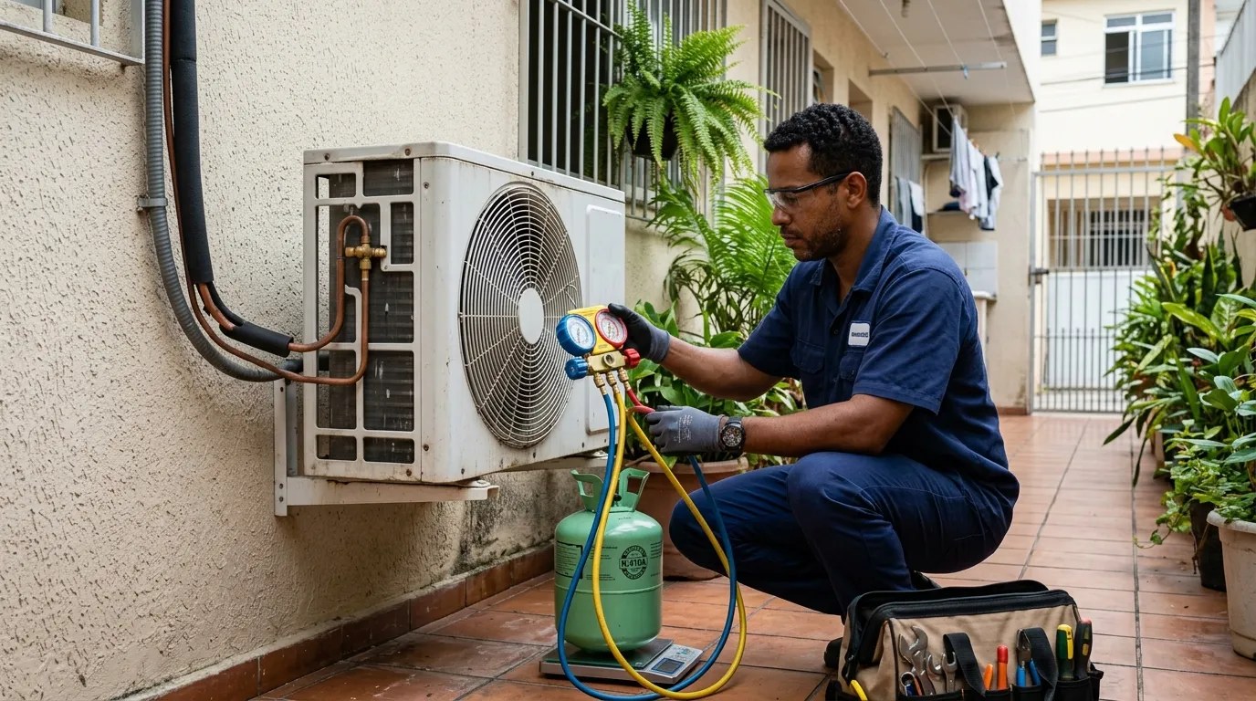 Técnico fazendo carga de gás na condensadora do ar-condicionado em Fortaleza‑CE