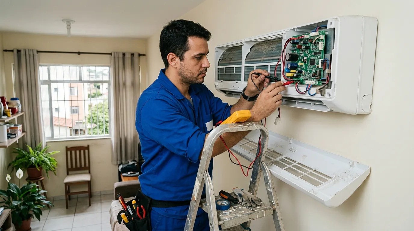 Técnico trocando a placa eletrônica de ar-condicionado split em Fortaleza‑CE