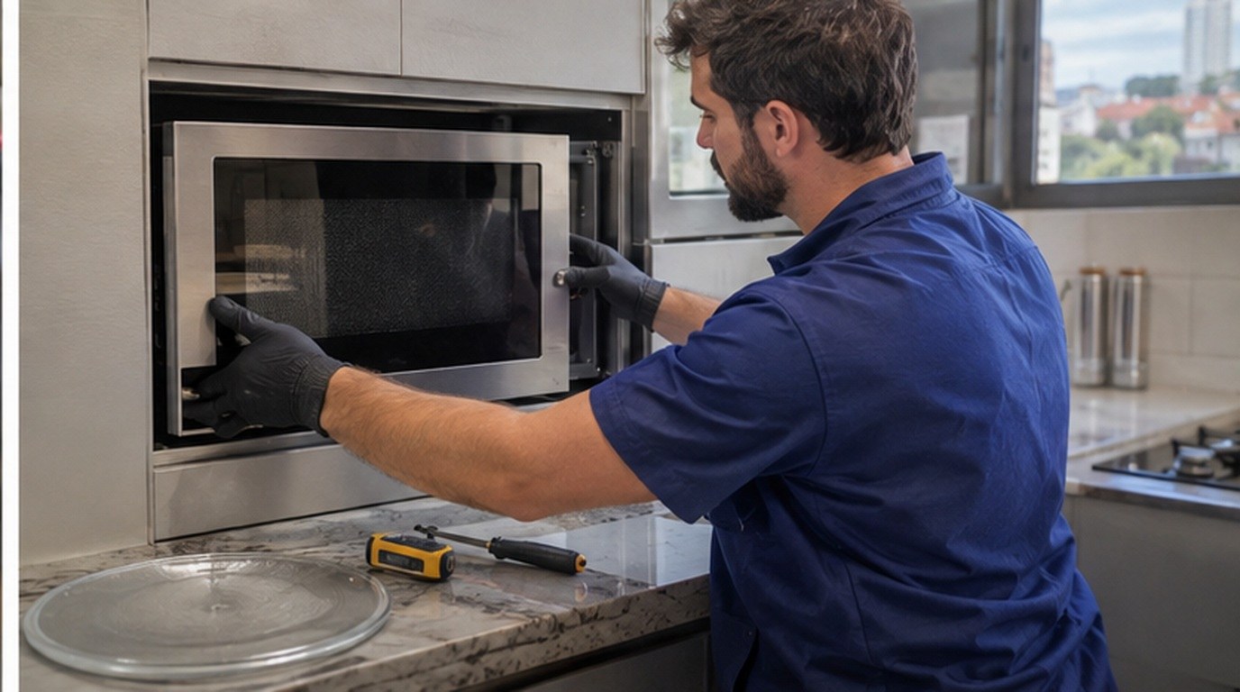 Conserto de micro-ondas de embutir em Fortaleza‑CE: técnico encaixando o aparelho no armário