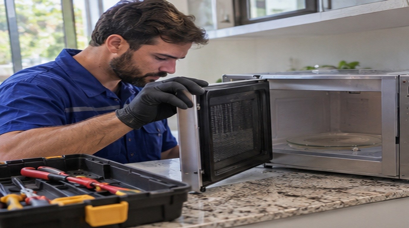 Conserto de micro-ondas em Fortaleza‑CE: técnico abrindo um micro-ondas de bancada