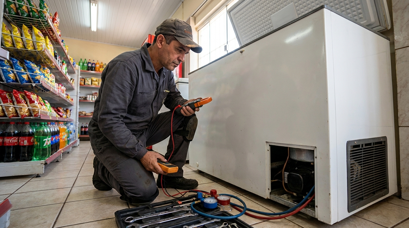 Reparo da placa eletrônica de um freezer em atendimento no Centro, Fortaleza‑CE