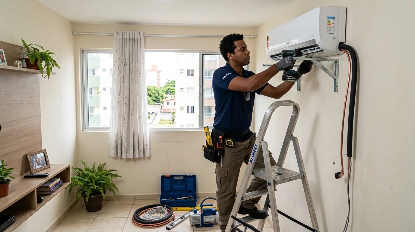 Técnico instalando ar-condicionado split em residência em Fortaleza‑CE