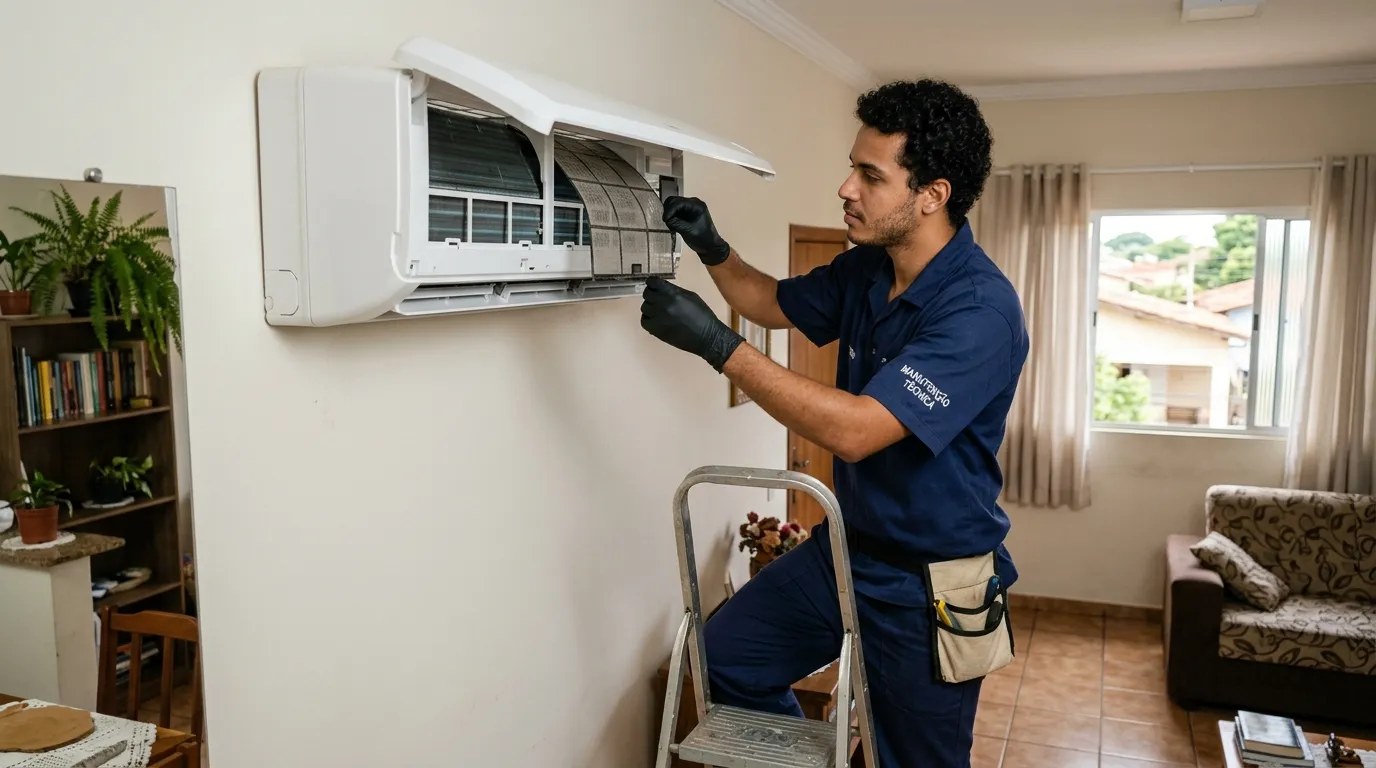 Técnico fazendo limpeza e higienização de ar-condicionado split em Fortaleza‑CE