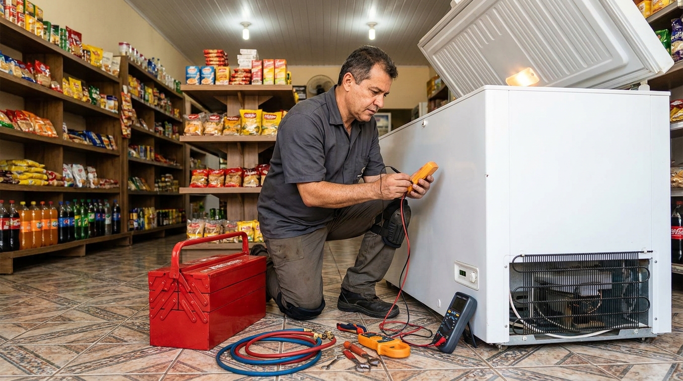 Manômetro conectado ao circuito durante recarga de gás de freezer no Centro, Fortaleza‑CE
