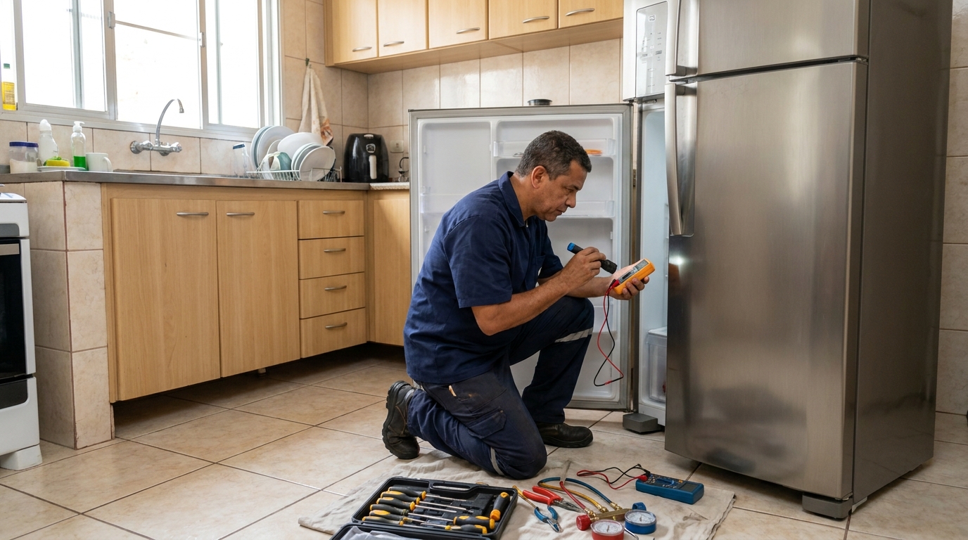 Técnico fazendo recarga de gás em geladeira de cliente em Fortaleza‑CE