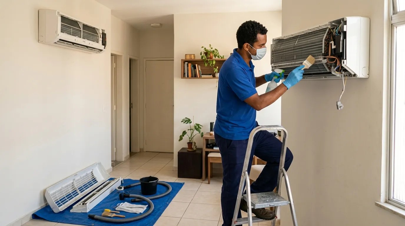 Técnico fazendo manutenção de ar-condicionado split em Fortaleza‑CE