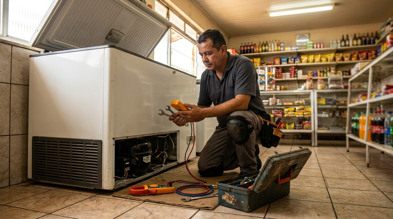 Técnico avaliando um freezer vertical durante atendimento no Centro, Fortaleza‑CE