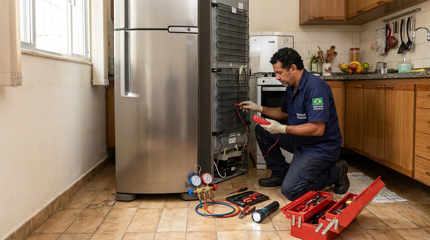 Técnico consertando uma geladeira na casa do cliente em Fortaleza‑CE