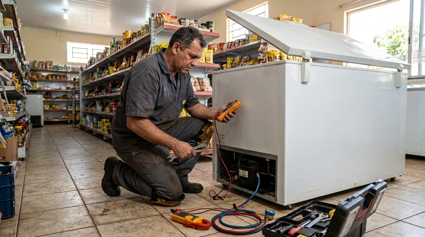 Substituição do termostato de um freezer durante visita técnica no Centro, Fortaleza‑CE